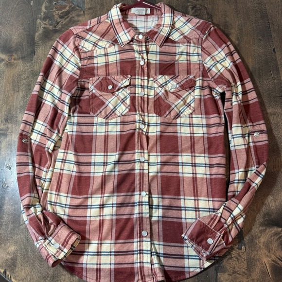 Passport Tops - Womens Passport Maroon Plaid Pearl Snap Shirt Size S Western Adjustable Sleeves‎